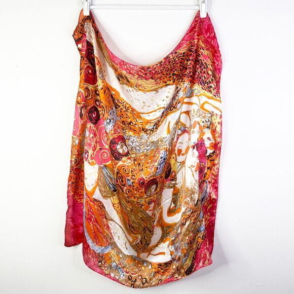 Unbranded  Scarf 33"x 33" Wrap 100% Silk Impressionist Painting Pink Orange NWOT - Picture 1 of 4